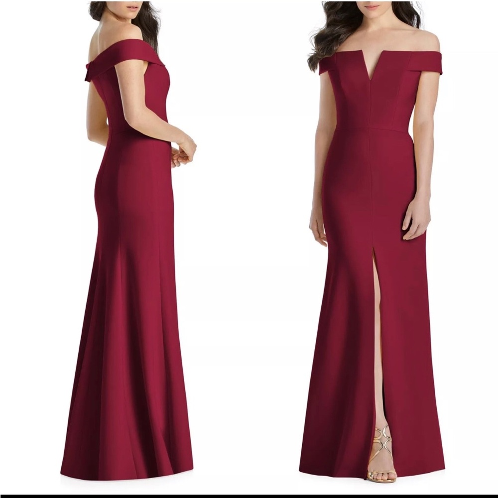 Dessy Collection Burgundy Off-Shoulder Wedding Dress